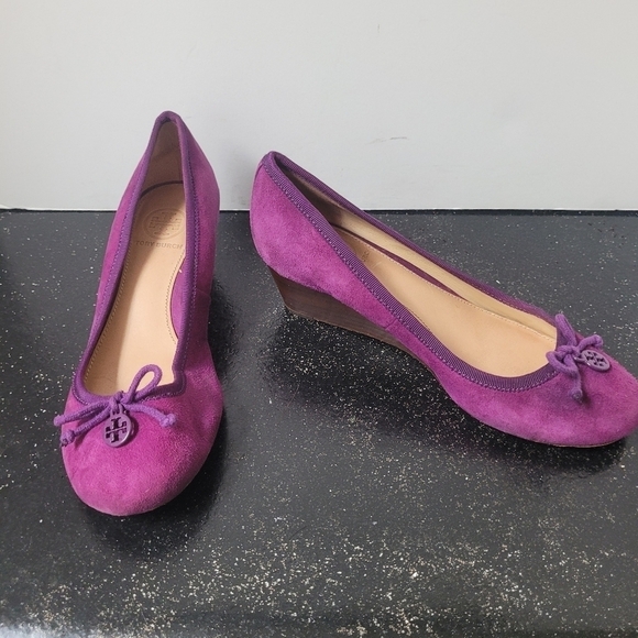 Tory Burch Plum Suede Wedge Heels - Picture 2 of 8